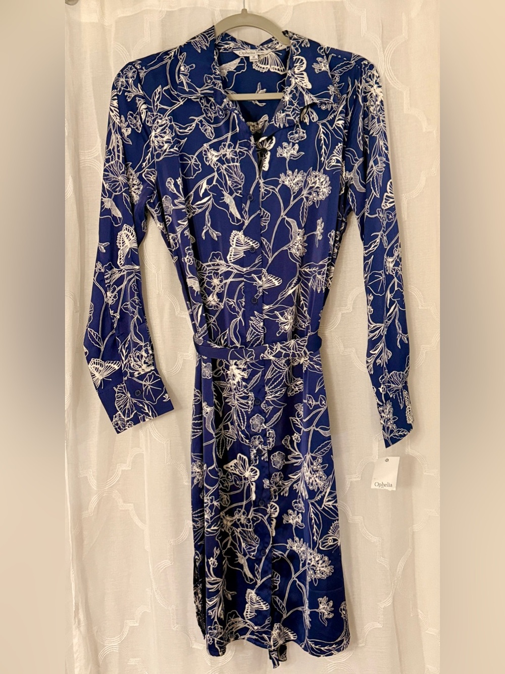 NWT Ophelia Roe Blue White Floral Belted Shirt Dress Medium
